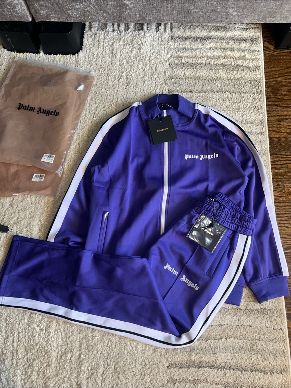 Palm Angels Purple Track Jacket and Pants Set with White Stripes